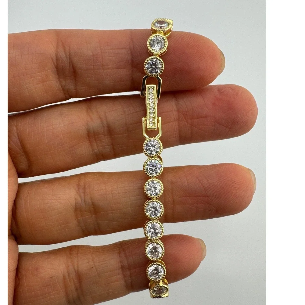 Round Cut Crystal Tennis Bracelet 14k Laminated Gold 4MM 6.5 inches